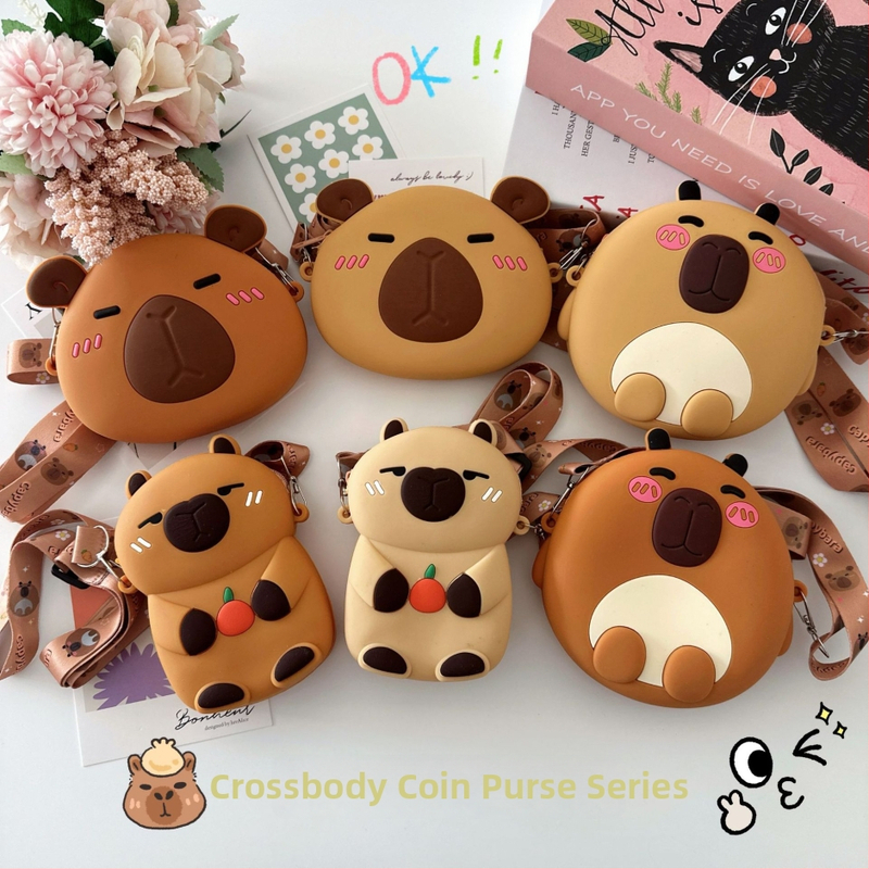 Detská silikónová peňaženka so vzorom kapibara, s prekríženým remienkom, vodeodolná, pre škôlku