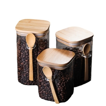 Τετράγωνο γυάλινο σφραγισμένο βάζο αποθήκευσης καφέ με ξύλινο κουτάλι, συμβατό με φούρνο μικροκυμάτων