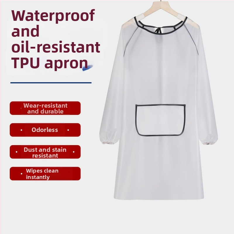 Vízálló konyhai kötény hosszú ujjú, olaj- és kopásálló; anyag: TPU poliuretán; tömeg: 350 g; alkalmas konyhának, otthonra és éttermekbe