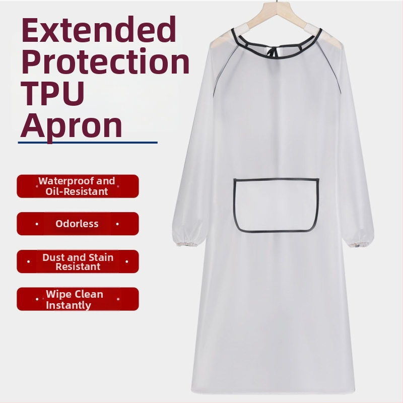 Vízálló konyhai kötény hosszú ujjú, olaj- és kopásálló; anyag: TPU poliuretán; tömeg: 350 g; alkalmas konyhának, otthonra és éttermekbe