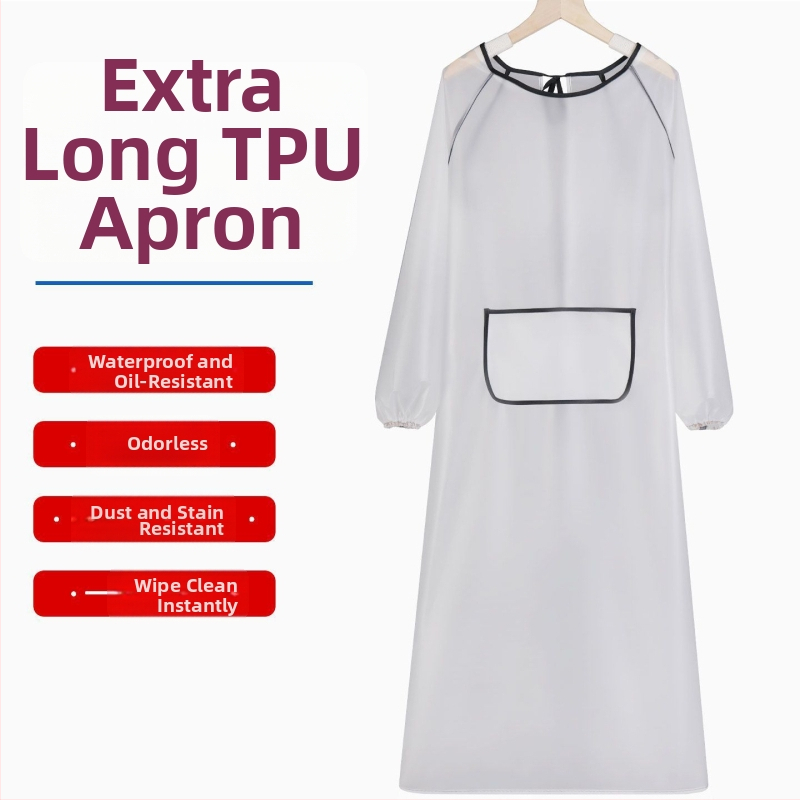 Vízálló konyhai kötény hosszú ujjú, olaj- és kopásálló; anyag: TPU poliuretán; tömeg: 350 g; alkalmas konyhának, otthonra és éttermekbe