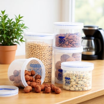 Κύκλιος πλαστικός κάδος αποθήκευσης τροφίμων με περιστρεφόμενο καπάκι, χωρητικότητας 800–1000 ml, συμβατός με φούρνο μικροκυμάτων