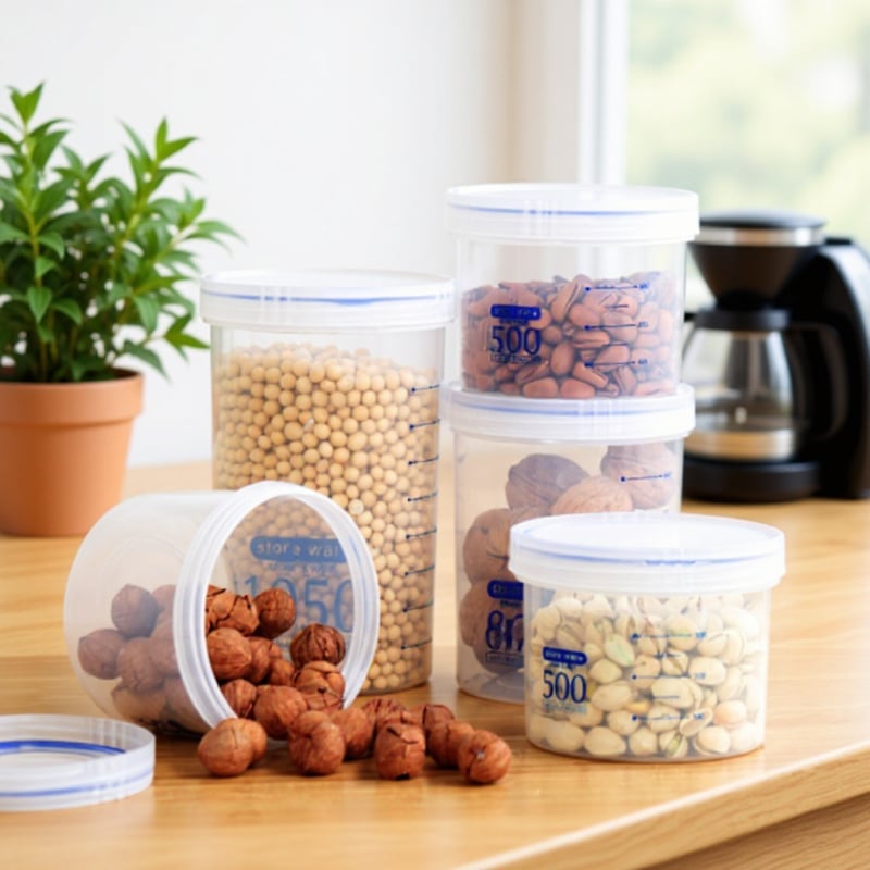 Κύκλιος πλαστικός κάδος αποθήκευσης τροφίμων με περιστρεφόμενο καπάκι, χωρητικότητας 800–1000 ml, συμβατός με φούρνο μικροκυμάτων