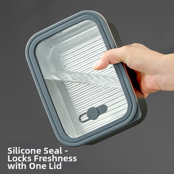 304 rozsdamentes acél élelmiszertartó doboz átlátszó üvegfedővel és szellőzőnyílásokkal, mikrohullámú sütőben használható, egy rétegű