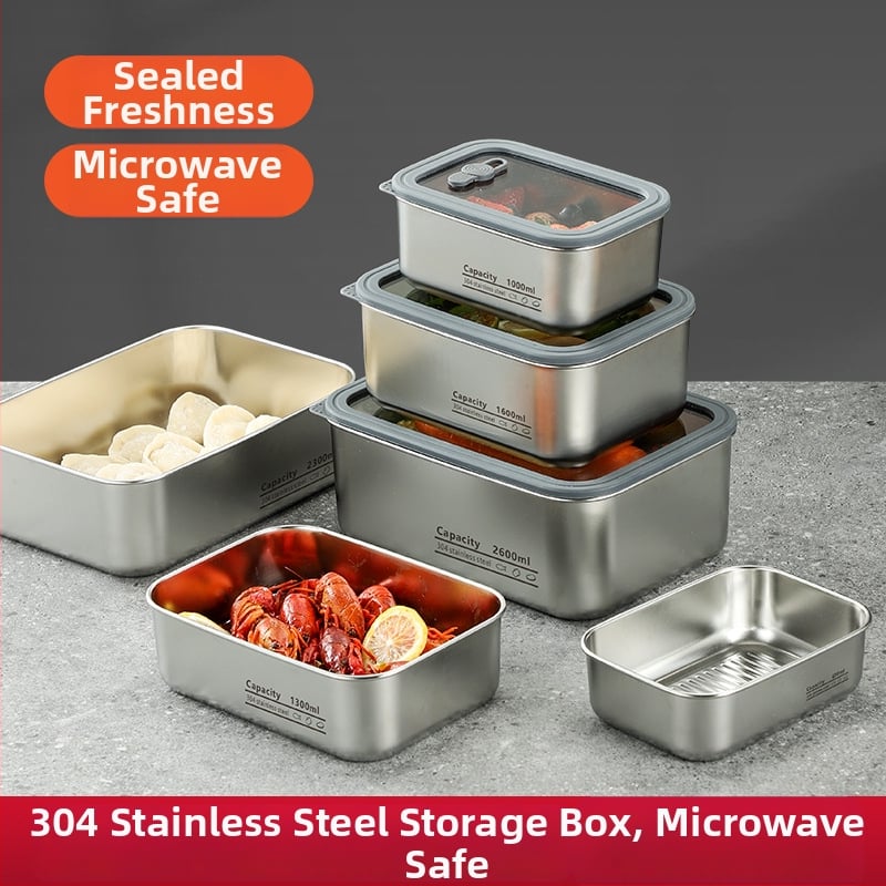 304 rozsdamentes acél élelmiszertartó doboz átlátszó üvegfedővel és szellőzőnyílásokkal, mikrohullámú sütőben használható, egy rétegű