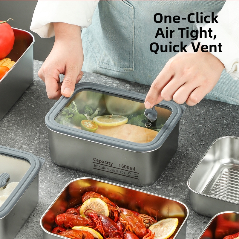 304 rozsdamentes acél élelmiszertartó doboz átlátszó üvegfedővel és szellőzőnyílásokkal, mikrohullámú sütőben használható, egy rétegű