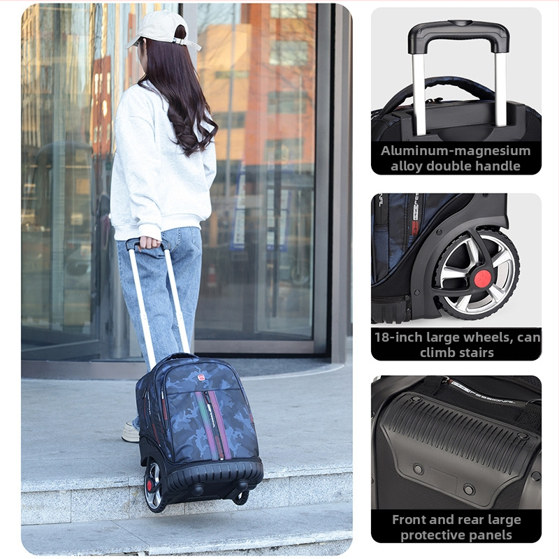 Dámsky batoh na kolieskach pre študentky stredného a vyššieho stupňa, Oxford textílie, nepremokavý, antibakteriálny a odolný voči opotrebeniu, reflexné prvky pre nočnú bezpečnosť, zakrivené ramenné popruhy, polyesterová podšívka, mestský minimalistický štý