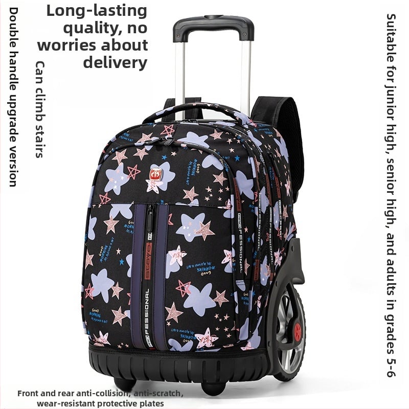 Дамска раница с колела за ученици от средното училище и нагоре, с една въртяща се ролка, Oxford плат, водоустойчива, антибактериална и износоустойчива, отразителни елементи за нощна безопасност, криви презрамки за рамо, подплата от полиестер, стил градска 