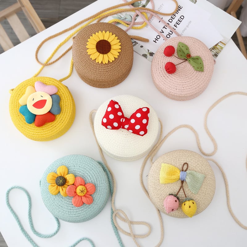Geantă rotundă din paie pentru copii — ultra-ușoară, stil drăguț pentru copii, imprimeu variat