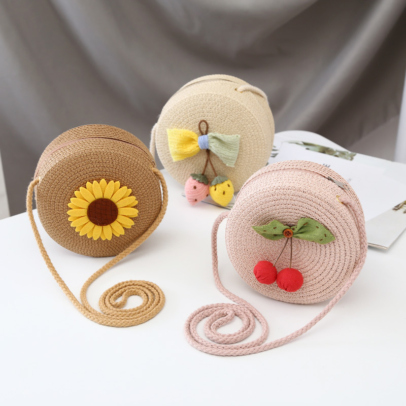 Geantă rotundă din paie pentru copii — ultra-ușoară, stil drăguț pentru copii, imprimeu variat
