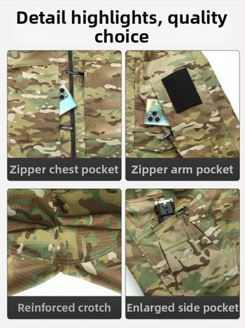 Taktická súprava s kamuflážou: košeľa a nohavice, polyester, odolný voči oderu a spoľahlivý, vhodný pre jar a jeseň.