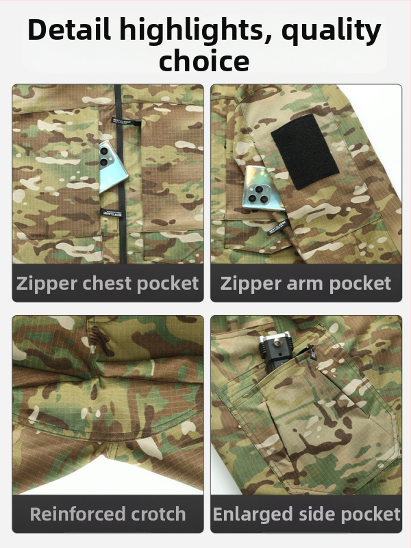 Taktická súprava s kamuflážou: košeľa a nohavice, polyester, odolný voči oderu a spoľahlivý, vhodný pre jar a jeseň.