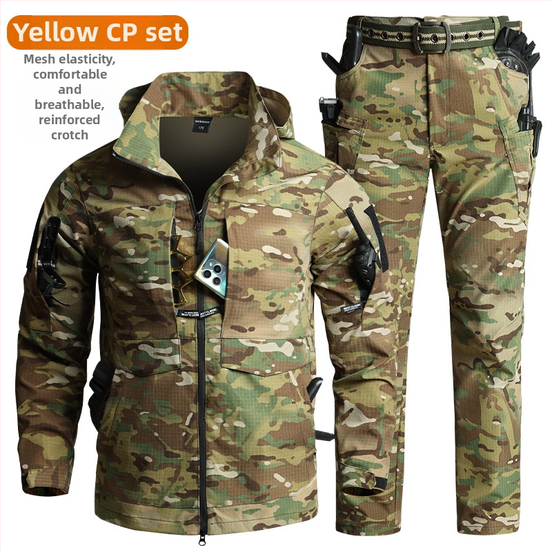 Taktická súprava s kamuflážou: košeľa a nohavice, polyester, odolný voči oderu a spoľahlivý, vhodný pre jar a jeseň.