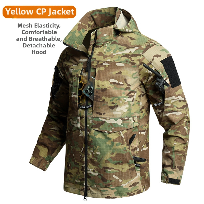 Taktická súprava s kamuflážou: košeľa a nohavice, polyester, odolný voči oderu a spoľahlivý, vhodný pre jar a jeseň.
