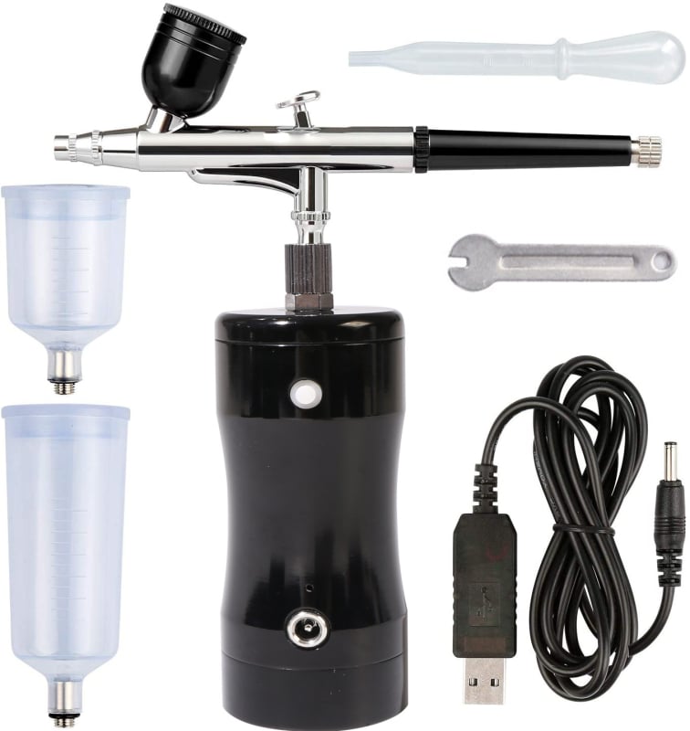 Портативен електрически аерограф с кислороден инжектор — комплект за боядисване и нейл арт; вход за въздуха: 1/8 инча резба; работно налягане: 25 psi; метод на подаване: гравитационен; горно зареждане