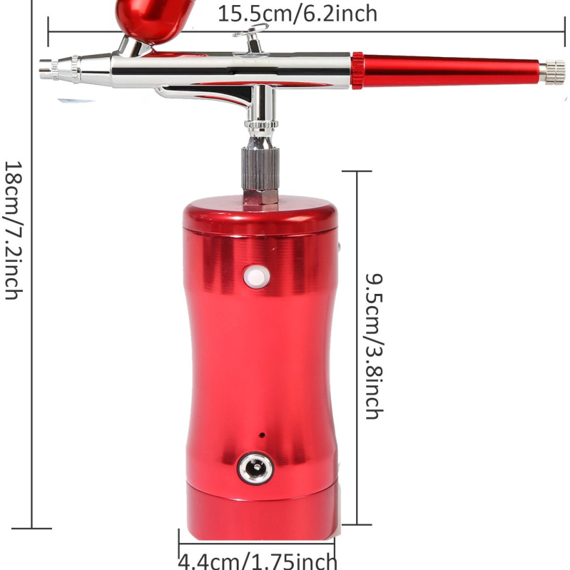 Портативен електрически аерограф с кислороден инжектор — комплект за боядисване и нейл арт; вход за въздуха: 1/8 инча резба; работно налягане: 25 psi; метод на подаване: гравитационен; горно зареждане