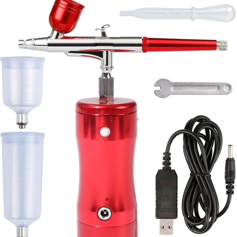 Портативен електрически аерограф с кислороден инжектор — комплект за боядисване и нейл арт; вход за въздуха: 1/8 инча резба; работно налягане: 25 psi; метод на подаване: гравитационен; горно зареждане