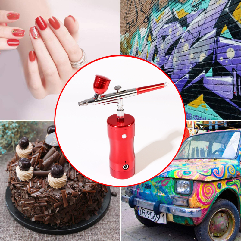 Портативен електрически аерограф с кислороден инжектор — комплект за боядисване и нейл арт; вход за въздуха: 1/8 инча резба; работно налягане: 25 psi; метод на подаване: гравитационен; горно зареждане