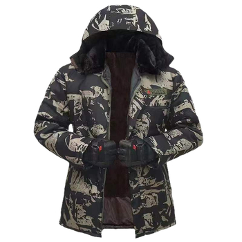 Jachetă de iarnă din bumbac, cu rever, imprimeu camuflaj, fermoar, căptușeală fleece, croială lejeră, trei buzunare aplicate