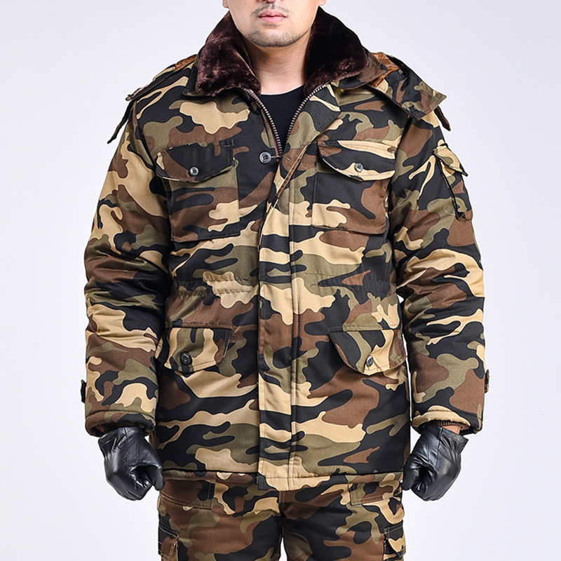 Set de iarnă pentru bărbați, cu model camuflaj, căptușit cu bumbac, izolație groasă, impermeabil, închidere cu fermoar, jachetă și pantaloni.