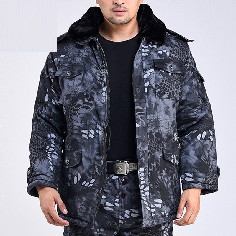Set de iarnă pentru bărbați, cu model camuflaj, căptușit cu bumbac, izolație groasă, impermeabil, închidere cu fermoar, jachetă și pantaloni.