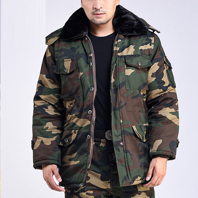 Set de iarnă pentru bărbați, cu model camuflaj, căptușit cu bumbac, izolație groasă, impermeabil, închidere cu fermoar, jachetă și pantaloni.