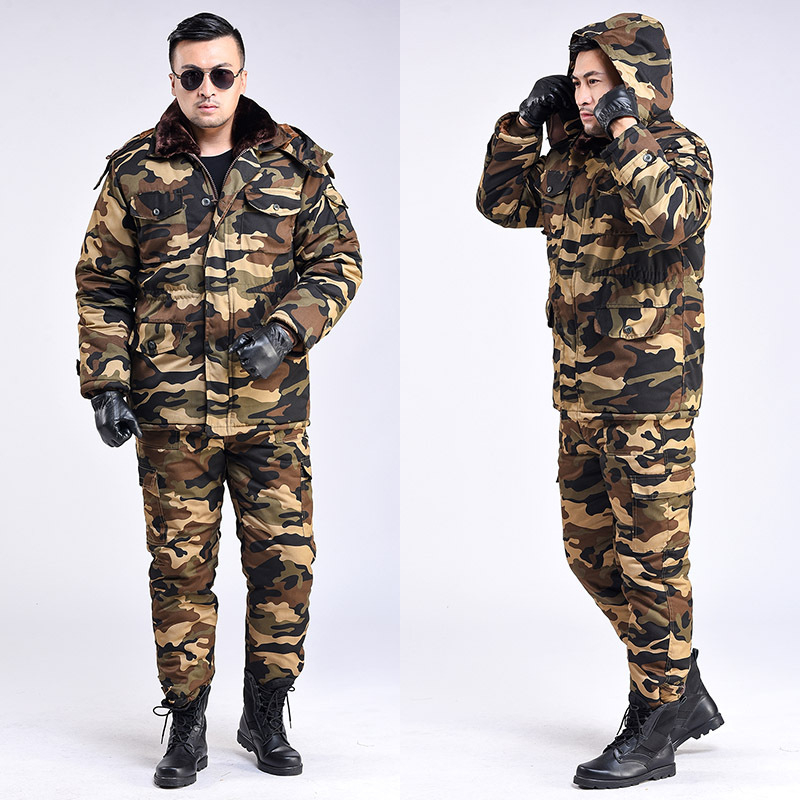 Set de iarnă pentru bărbați, cu model camuflaj, căptușit cu bumbac, izolație groasă, impermeabil, închidere cu fermoar, jachetă și pantaloni.