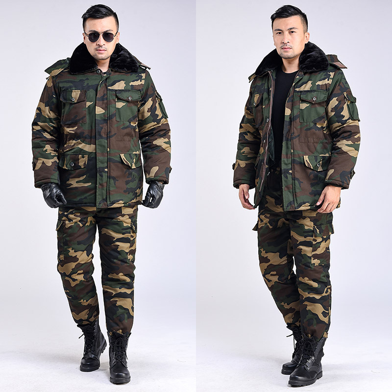 Set de iarnă pentru bărbați, cu model camuflaj, căptușit cu bumbac, izolație groasă, impermeabil, închidere cu fermoar, jachetă și pantaloni.