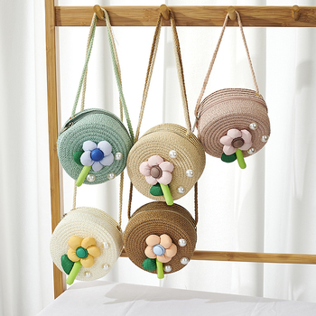 Dječja okrugla crossbody torbica od slame, prozračna i izuzetno lagana, slatkog stila, za učenike osnovne škole