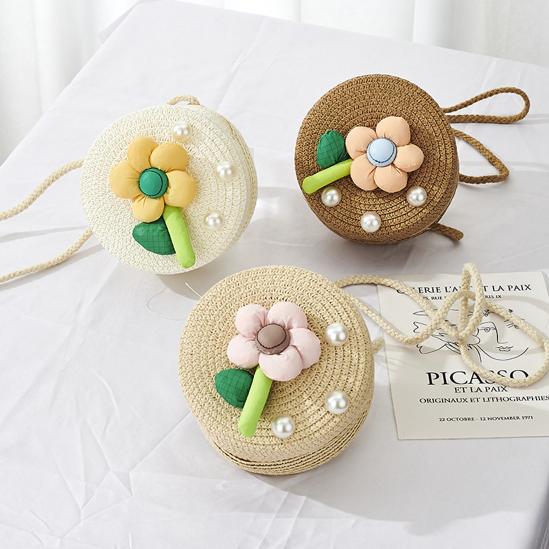 Dječja okrugla crossbody torbica od slame, prozračna i izuzetno lagana, slatkog stila, za učenike osnovne škole