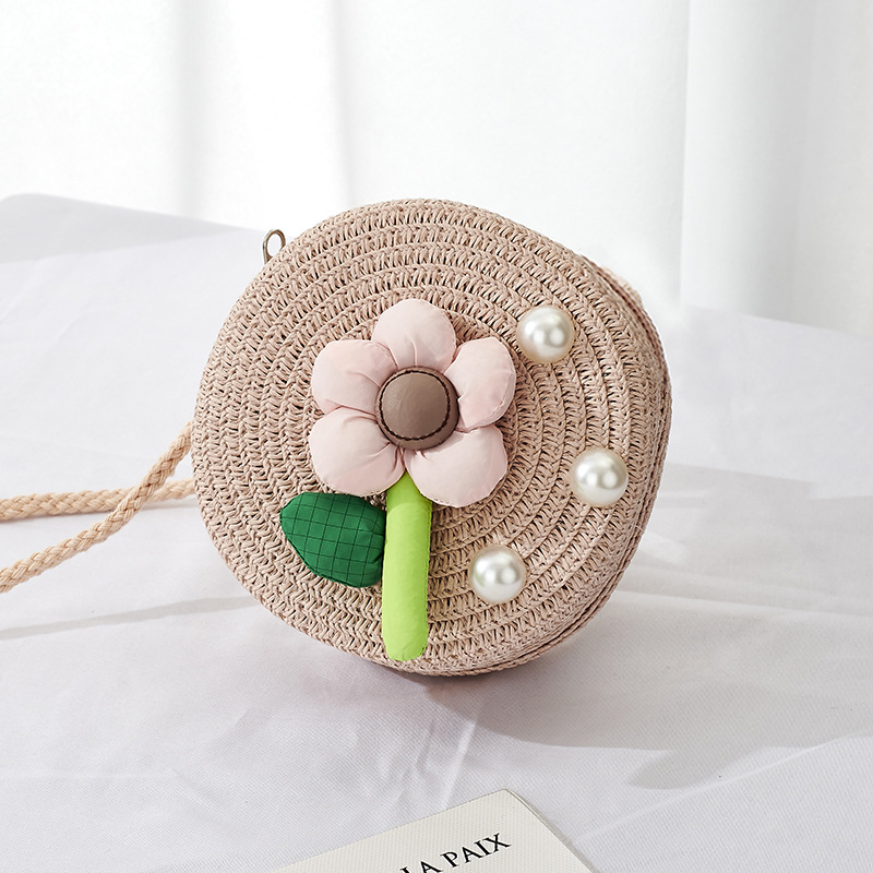 Dječja okrugla crossbody torbica od slame, prozračna i izuzetno lagana, slatkog stila, za učenike osnovne škole