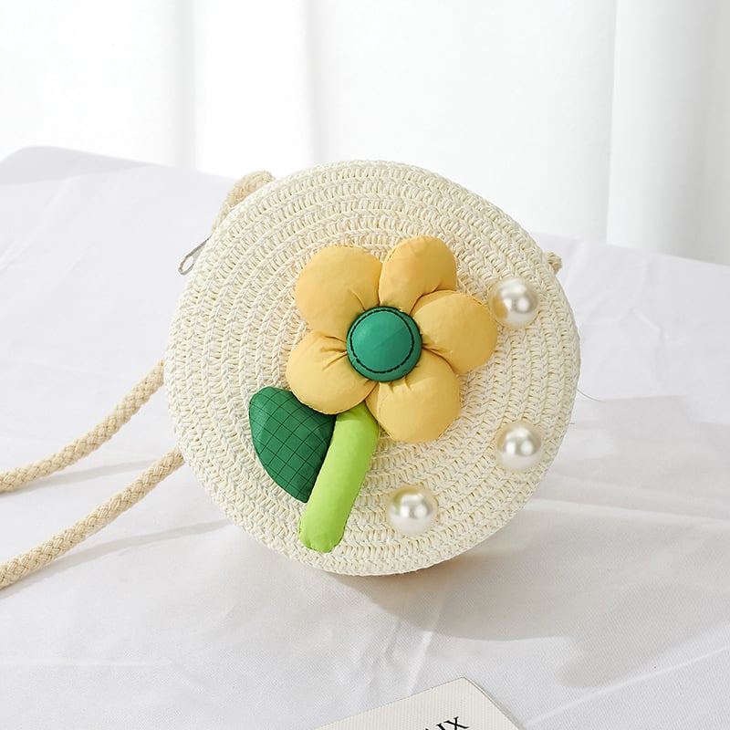 Dječja okrugla crossbody torbica od slame, prozračna i izuzetno lagana, slatkog stila, za učenike osnovne škole