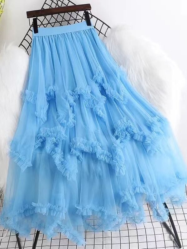 Hálós anyagú magas derekú, szabálytalan A-vonalú midi szoknya, 95% poliészter