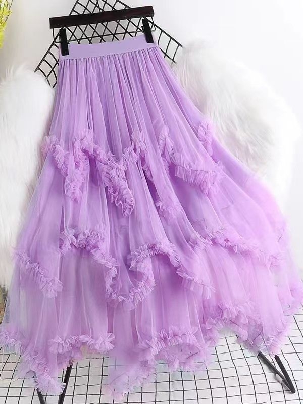 Hálós anyagú magas derekú, szabálytalan A-vonalú midi szoknya, 95% poliészter