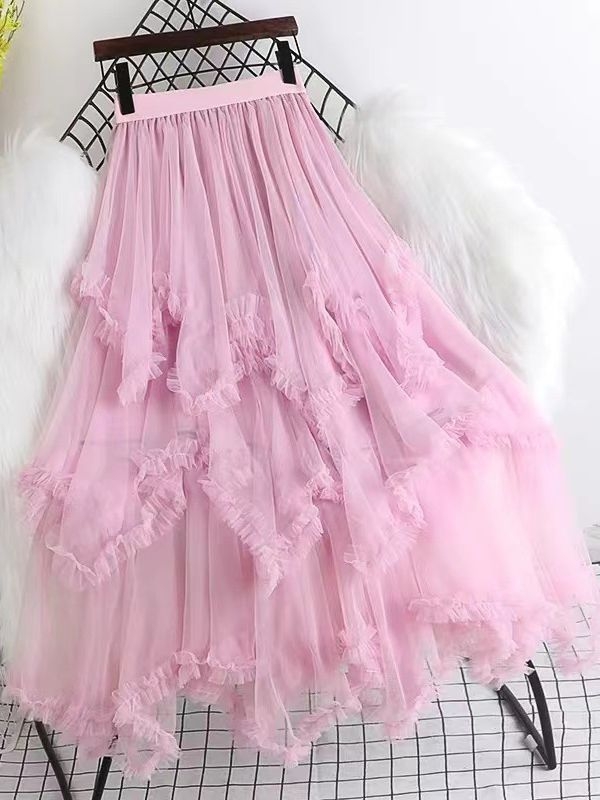 Hálós anyagú magas derekú, szabálytalan A-vonalú midi szoknya, 95% poliészter