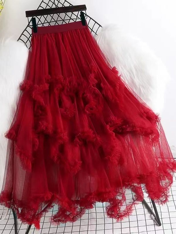 Hálós anyagú magas derekú, szabálytalan A-vonalú midi szoknya, 95% poliészter