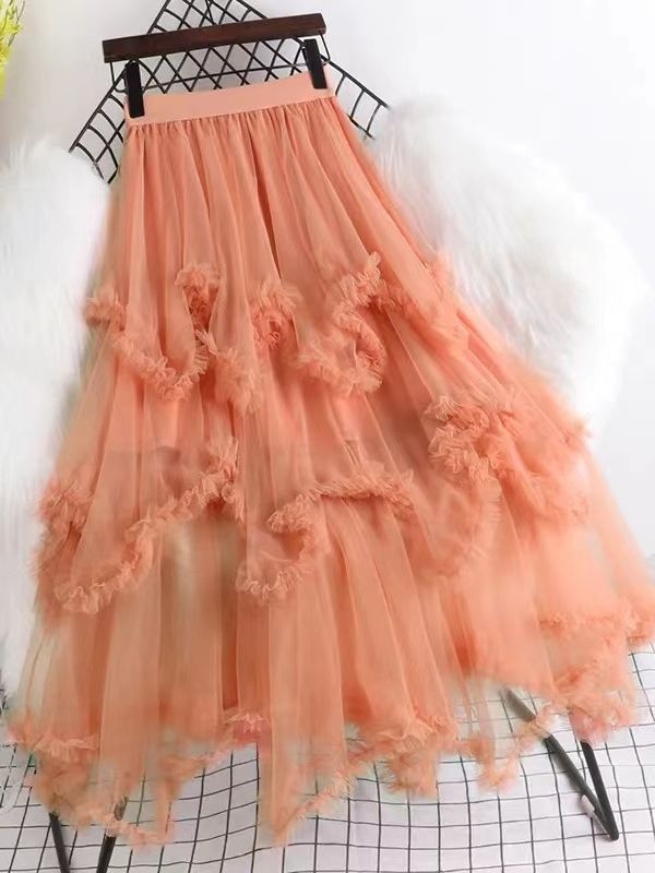 Hálós anyagú magas derekú, szabálytalan A-vonalú midi szoknya, 95% poliészter