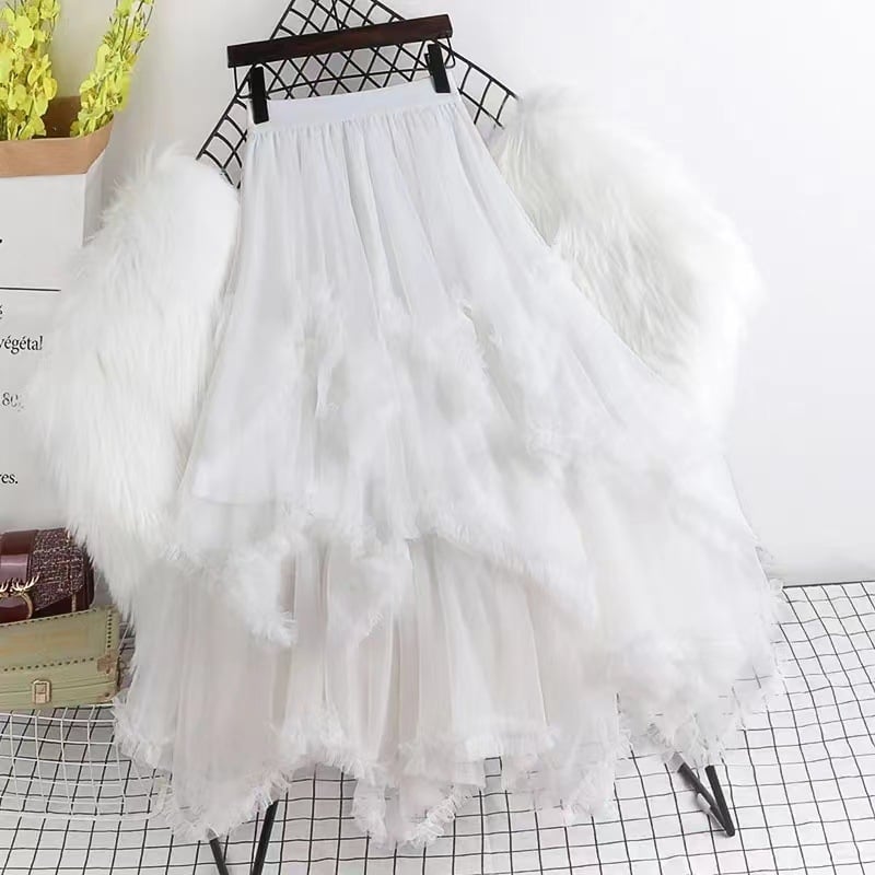 Hálós anyagú magas derekú, szabálytalan A-vonalú midi szoknya, 95% poliészter