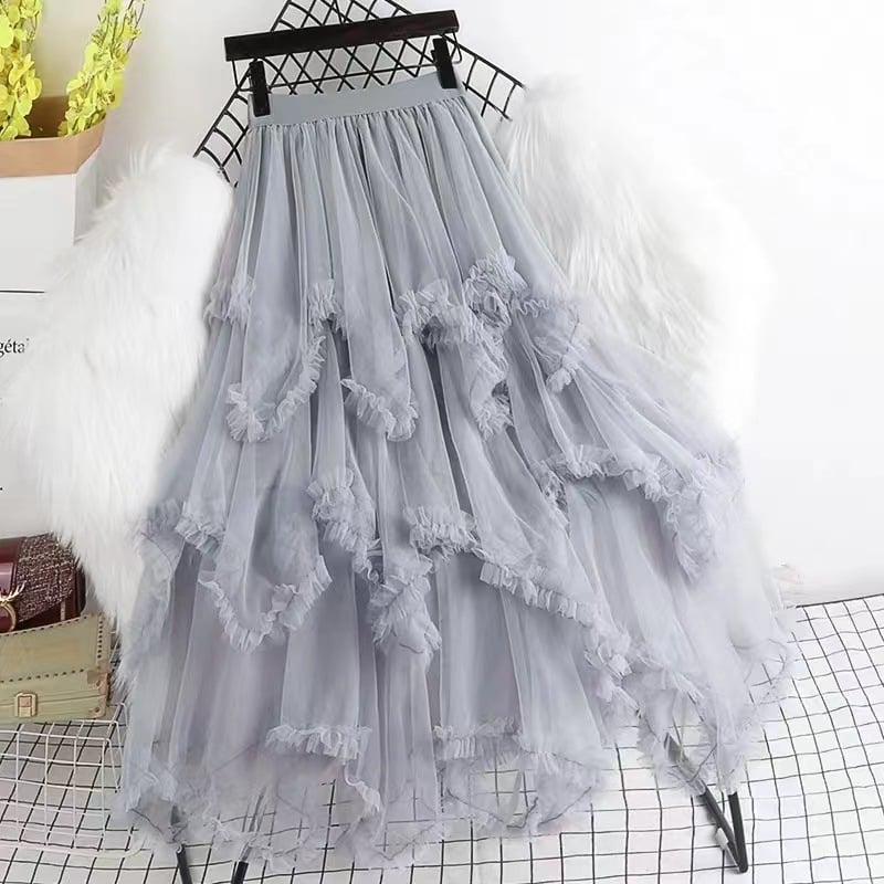 Hálós anyagú magas derekú, szabálytalan A-vonalú midi szoknya, 95% poliészter