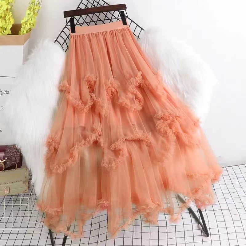 Hálós anyagú magas derekú, szabálytalan A-vonalú midi szoknya, 95% poliészter