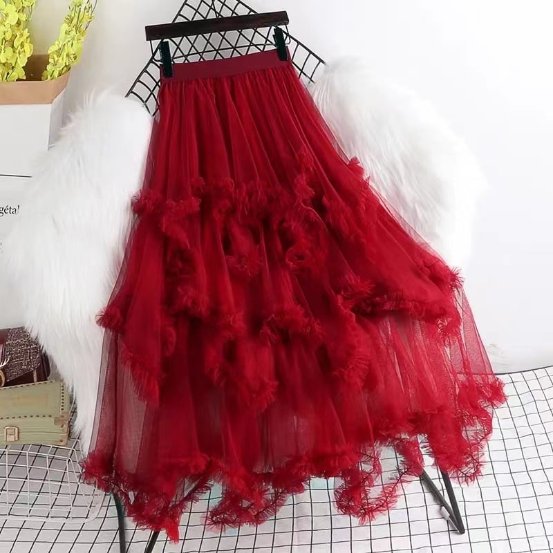 Hálós anyagú magas derekú, szabálytalan A-vonalú midi szoknya, 95% poliészter