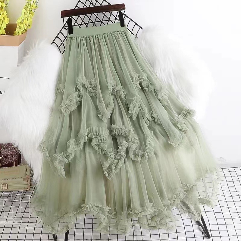 Hálós anyagú magas derekú, szabálytalan A-vonalú midi szoknya, 95% poliészter