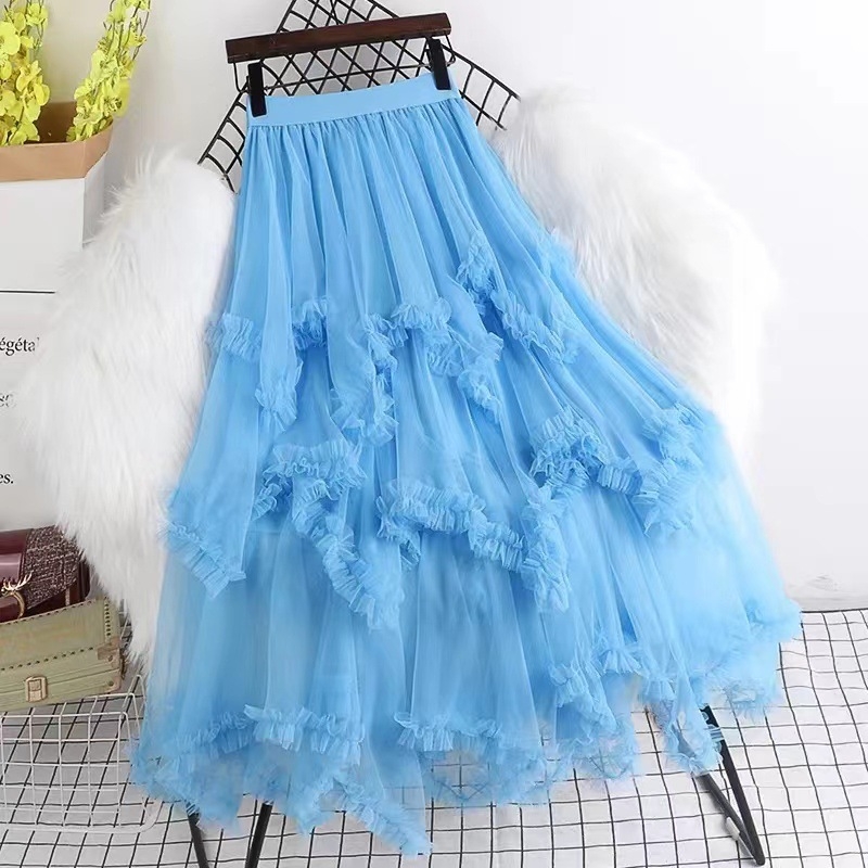 Hálós anyagú magas derekú, szabálytalan A-vonalú midi szoknya, 95% poliészter