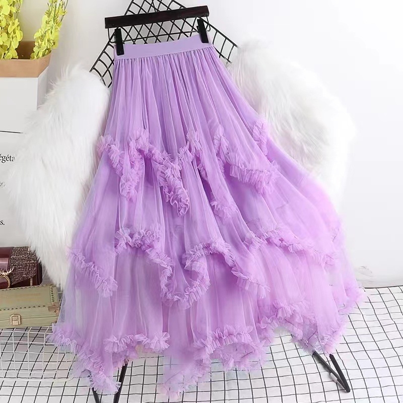 Hálós anyagú magas derekú, szabálytalan A-vonalú midi szoknya, 95% poliészter