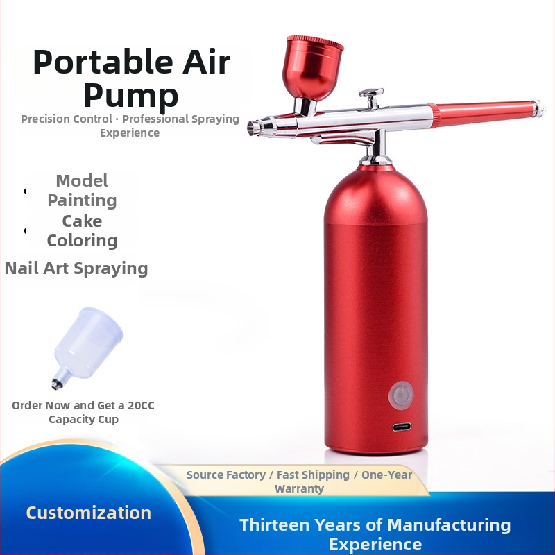 Elektronikus légspray készlet akrilfestékekhez – modellezéshez, manikűrhöz és DIY színezéshez; maximális nyomás 0,15 MPa; áramlás 6; permetezési távolság 20–500 mm; permetező szélesség 10–50 mm; anyag: alumínium és réz.