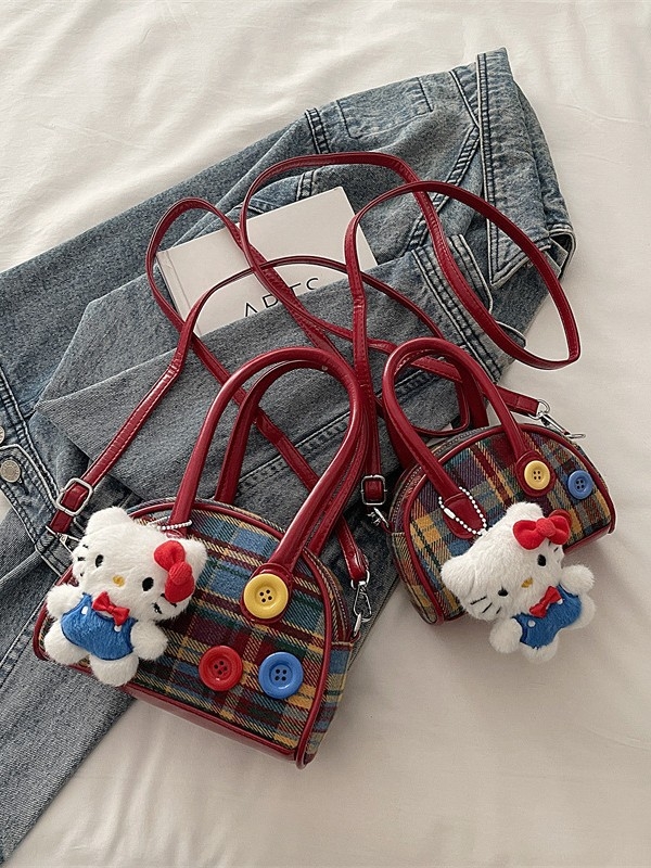 Dječja torba za križno nošenje s motivom mačke iz crtića i kariranim uzorom, od posebnog materijala, podstava od poliester.