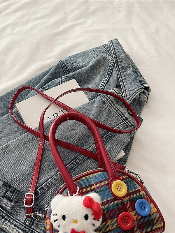 Dječja torba za križno nošenje s motivom mačke iz crtića i kariranim uzorom, od posebnog materijala, podstava od poliester.