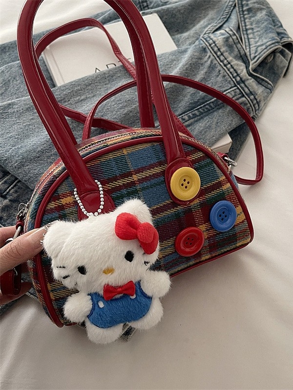 Dječja torba za križno nošenje s motivom mačke iz crtića i kariranim uzorom, od posebnog materijala, podstava od poliester.