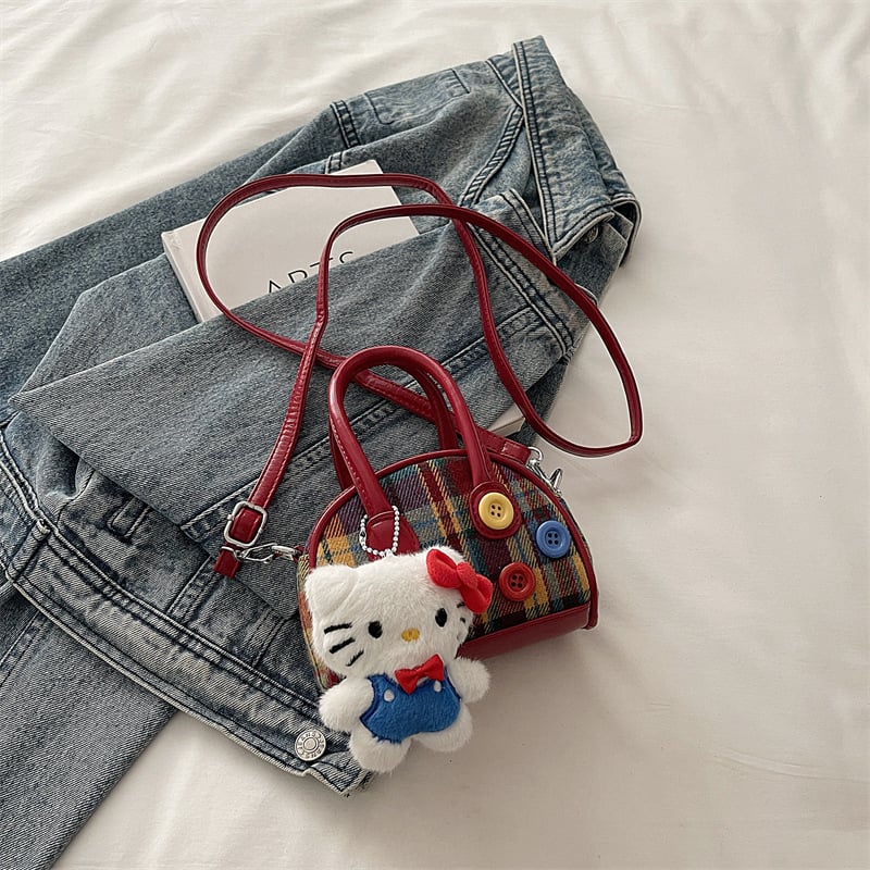 Dječja torba za križno nošenje s motivom mačke iz crtića i kariranim uzorom, od posebnog materijala, podstava od poliester.