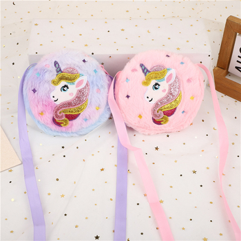 Okružna pliš torbica preko ramena s jednorogom za djevojčice – svakodnevni sladak stil, materijal pliš, podstava polietilen, uzorak jednorog, pogodna za vrtić
